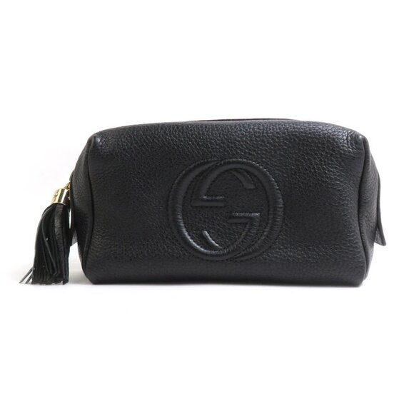 Auth GUCCI Interlocking G Pouch Black Leather/Goldtone - Picture 1 of 8